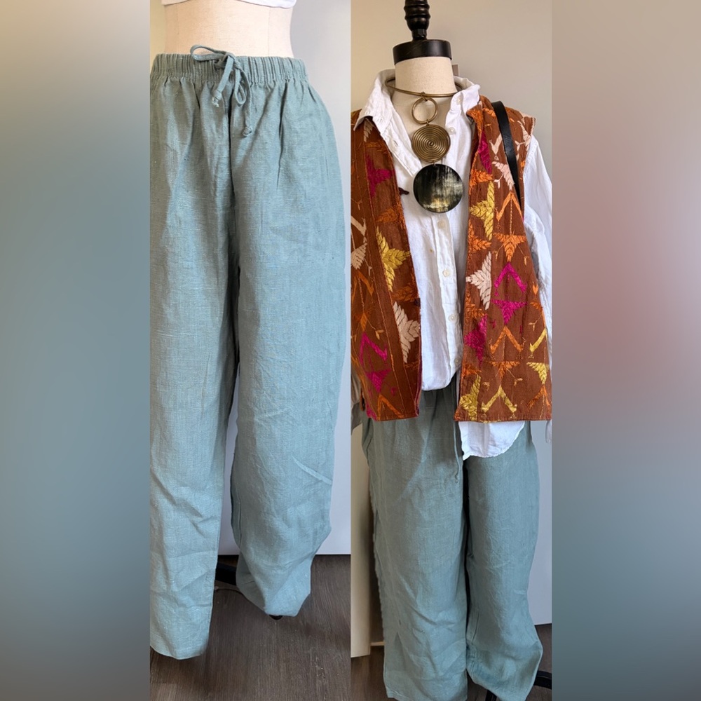 Vintage 90s 100% Linen Drawstring Pants Sage Green XL